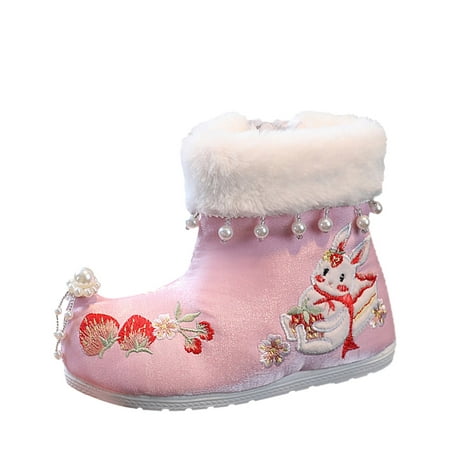

koaiezne Girls Hanfu Shoes Embroidery Shoes Girls Hanfu Boots Winter Tang Dress New Year Cotton Boots Cake Rabbit Embroidery Pearl Girls Moccasins Boots Girls Tall Rain Boot Liners