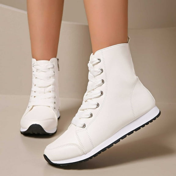 PiGOGI Women's British Style Ankle Boots Lace Up Side Zipper Flat Boots for Women Round Toe Casual Comfortable White 43