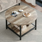Dextrus Round Coffee Table with Storage, Rustic Living Room Tables with Sturdy Metal Legs, OAK