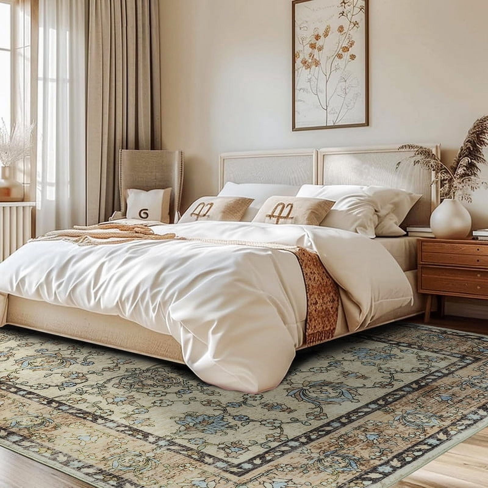 Jamfeel Washable Rugs Ultra-Thin Soft Non-slip Vintage Printed Area Rug Low-Pile Carpet for Living Room Indoor Decor 5'x8' Beige