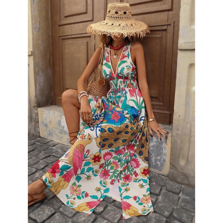 bohemian peacock print maxi dress Red Sleeveless Halter For Summer Vacation Boho Style ED-051
