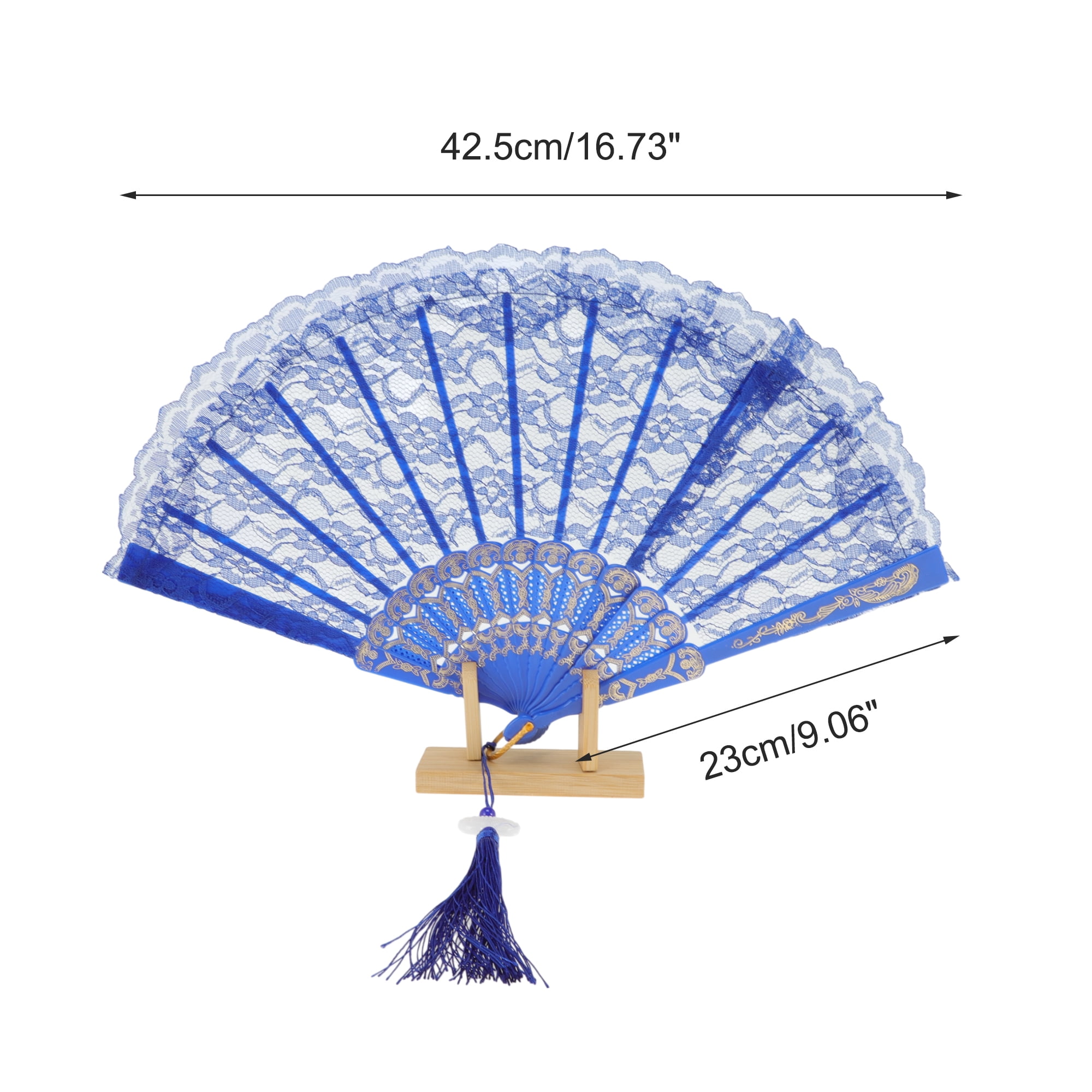 Unique Bargains Lace Trim Orchid with Tassel Folding Fan 1 Pc Blue