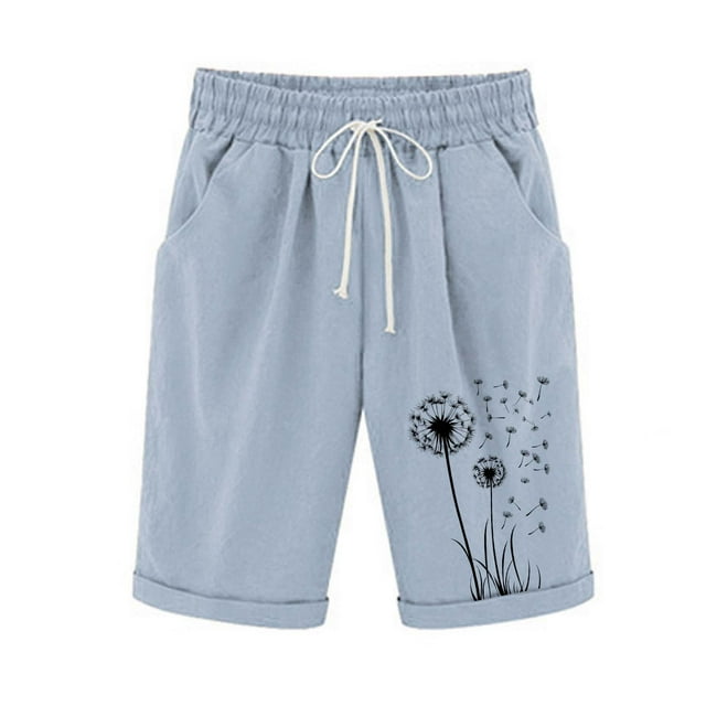 Women's Linen Summer Shorts Casual Bermuda Wide Leg Mid Length High Waisted Drawstring Dandelion Print Short With Pocket B-Light Blue