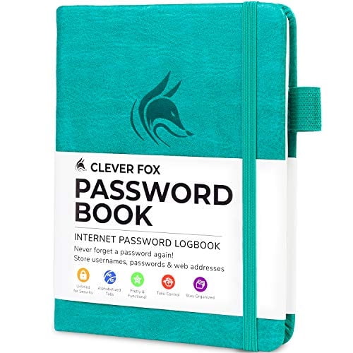 Libro contraseñas Clever Fox c/ pestañas. Organizador inter./contraseñas c/ pestañas alfabéticas. Cuaderno pequeño para contraseñas (Aguamarina)