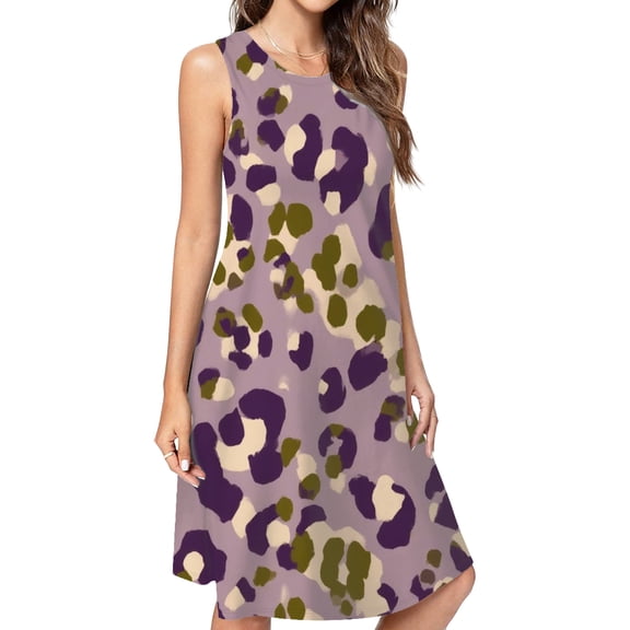 Purple Olive Leopard Print Spring Summer Dresses For Women Fashion Dress Casual Sleeveless Loose Sundress With Pockets