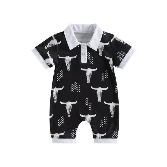 BemeyourBBs Western Baby Boy Summer Clothes Newborn Baby Boy Cowboy Outfit Button Down Romper Infant Short Sleeve Lapel Collared Bull Head Print Jumpsuit