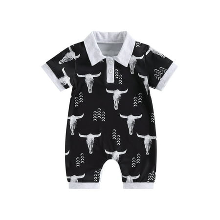 

Western Newborn Baby Boys Gentleman Jumpsuits Cow Bull Head Print Short Sleeve Lapel Polo Romper Summer Clothes