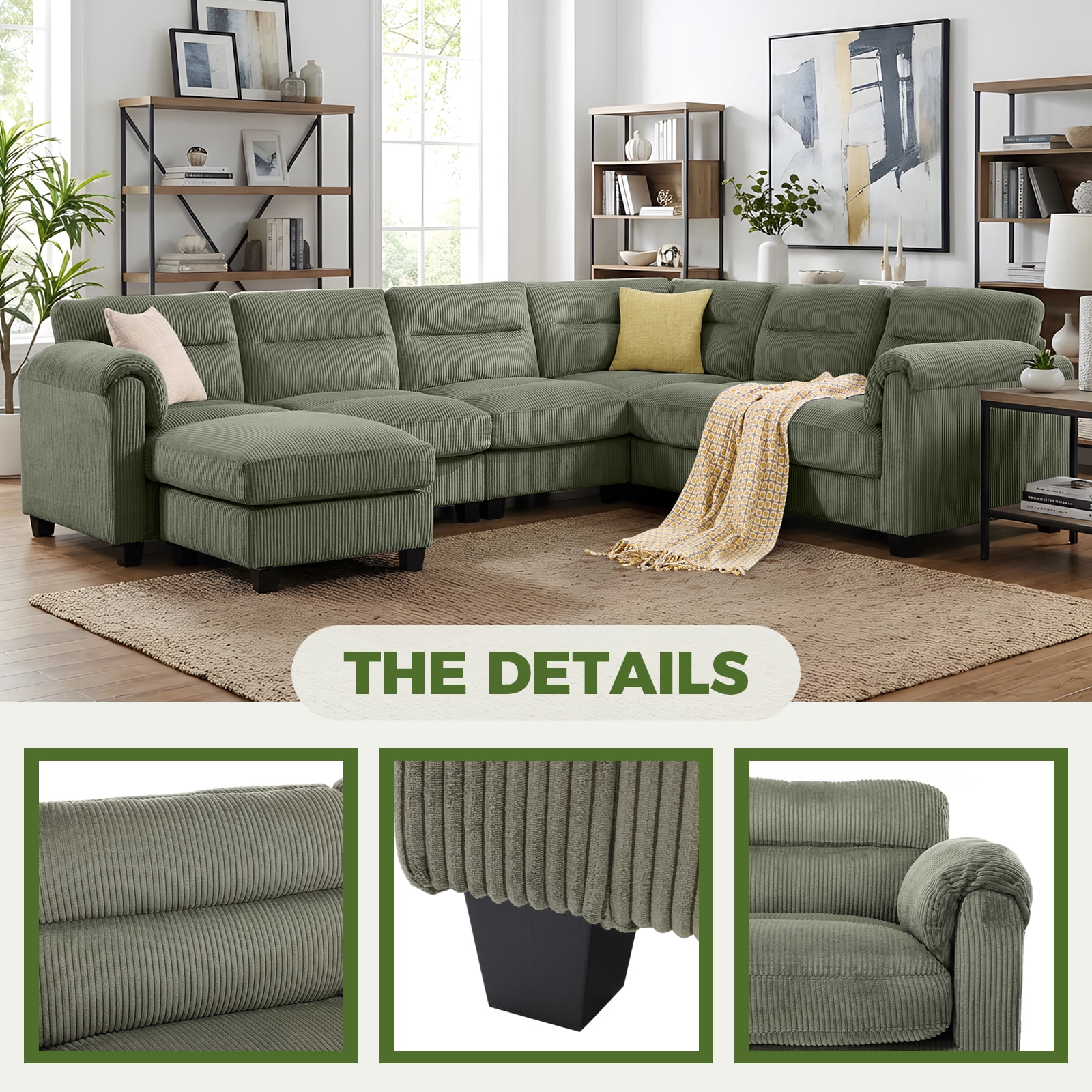 Bonzy Home Convertible Sectional Sofa Couch for Living Room With Ottoman Green
