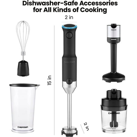 Chefman Cordless 5-in-1 Immersion Blender Set, Ice Crushing, Masher, Whisk, Chopper, Stainless Steel - Black