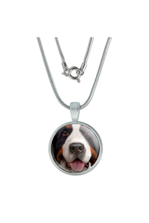 Bernese Mountain Dog Face Closeup 0.75" Pendant with Sterling Silver Plated Chain