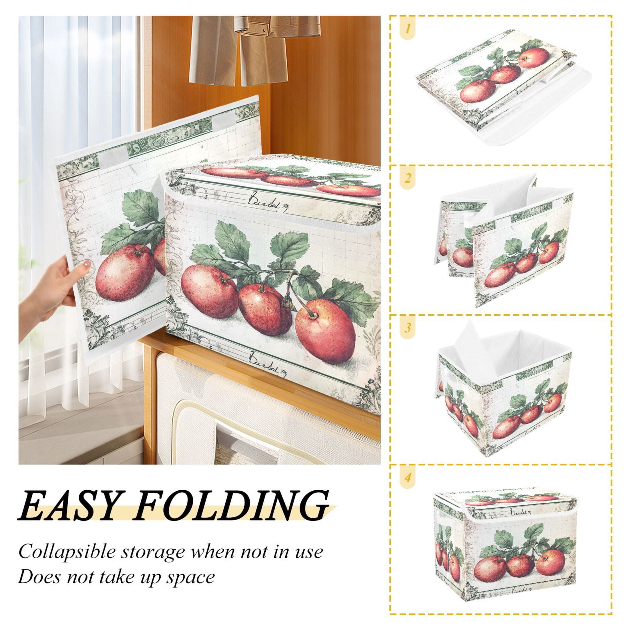 WOBOGO Red Fruit Picture Large Collapsible Storage Box Flip Lid Fabric Decorative Organizer Container Basket with Handles 16.5×12.6×11.8in