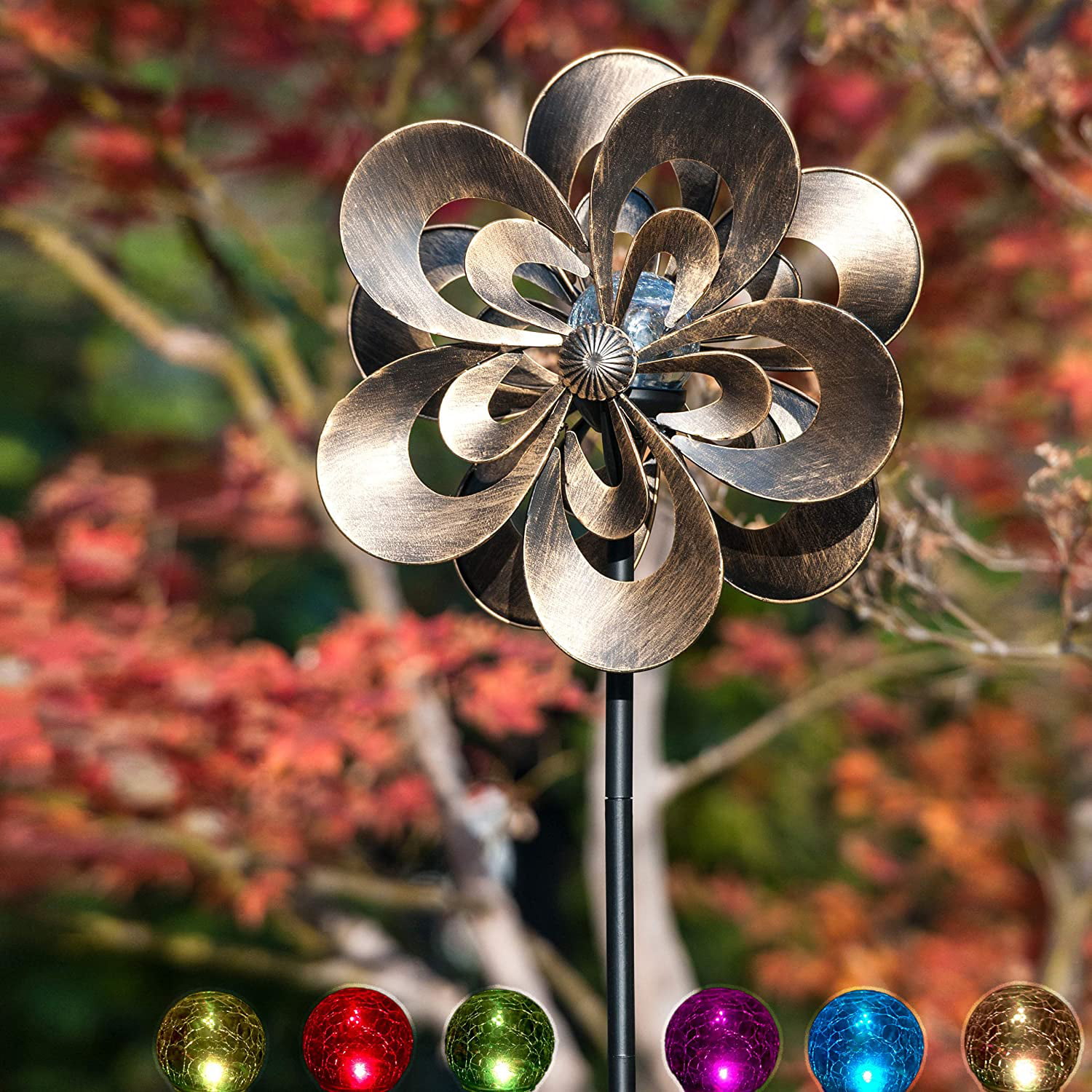 Yard Butterfly 40" Bronze Wind Spinner w/ Crackle Glass Sphere Solar LED 2 