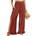 thumbnail image 2 of Linen Pants Women Flowy Ruffle Hem Wide Leg Palazzo Pants with Patch Pockets Casual Ruched Waist Summer Vacation Pant Red S, 2 of 8