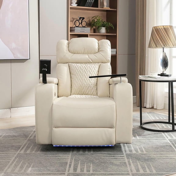Resenkos 270° Swivel PU Leather Power Home Theater Recliner with Tray Table, Phone Holder, Cup Holder, USB Port & Arm Storage - White