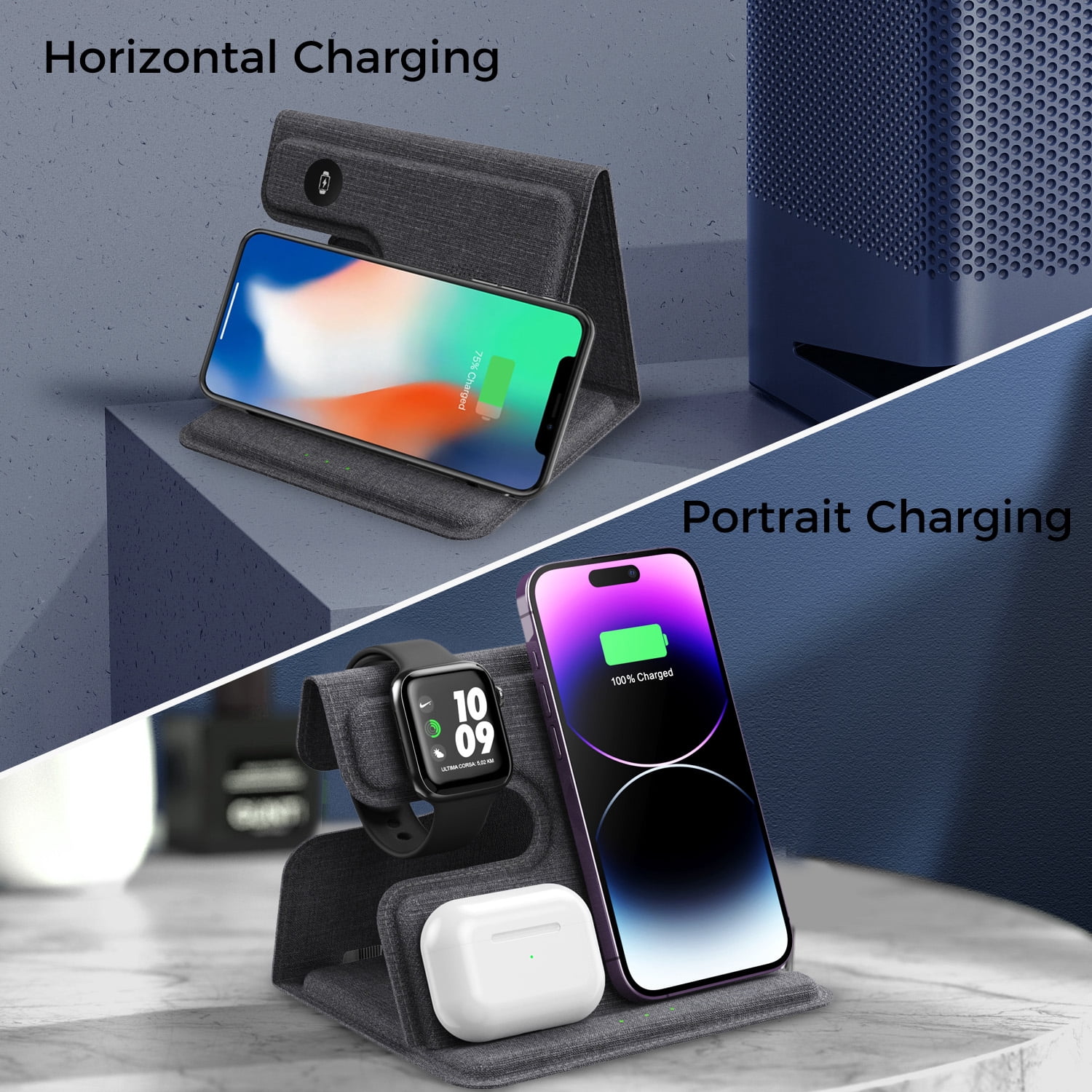 3 in 1 Wireless Charger Leather Stand for iPhone, AirPods, iWatch, Cellphones/Earbuds with wireless charging function, 18W high power, Efficient induction, Intelligent indicator light, Double coil