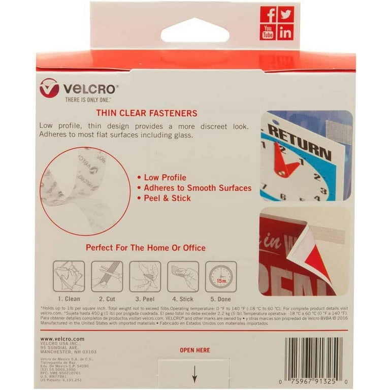 VELCRO Brand Thin Clear Tape, 15 Ft x ¾”