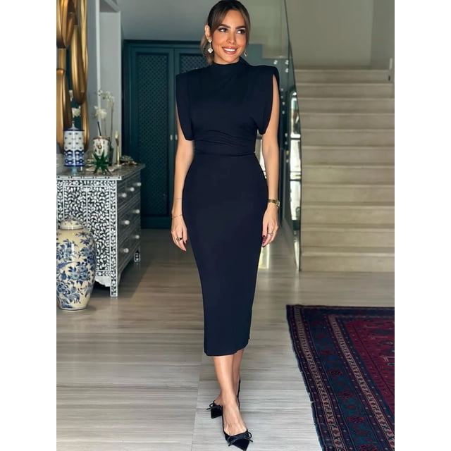 Vestido Midi ajustado negro para mujer, vestidos clásicos, Sexy, manga voladora, Bodycon, elegante, fiesta de noche, Festival, moda