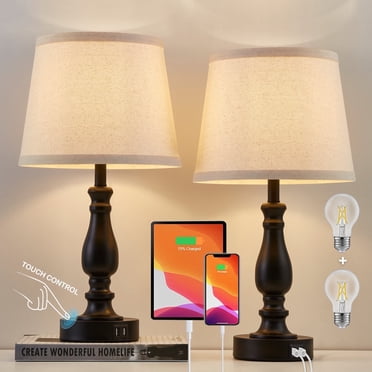 NATYSWAN Table Lamps Set of 2, Lamps for Bedroom with USB Charging Ports, 3 Way Dimmable Touch with Linen Lampshade, Modern Small Lamp for Nightstand, Living Room (Bulbs Included)