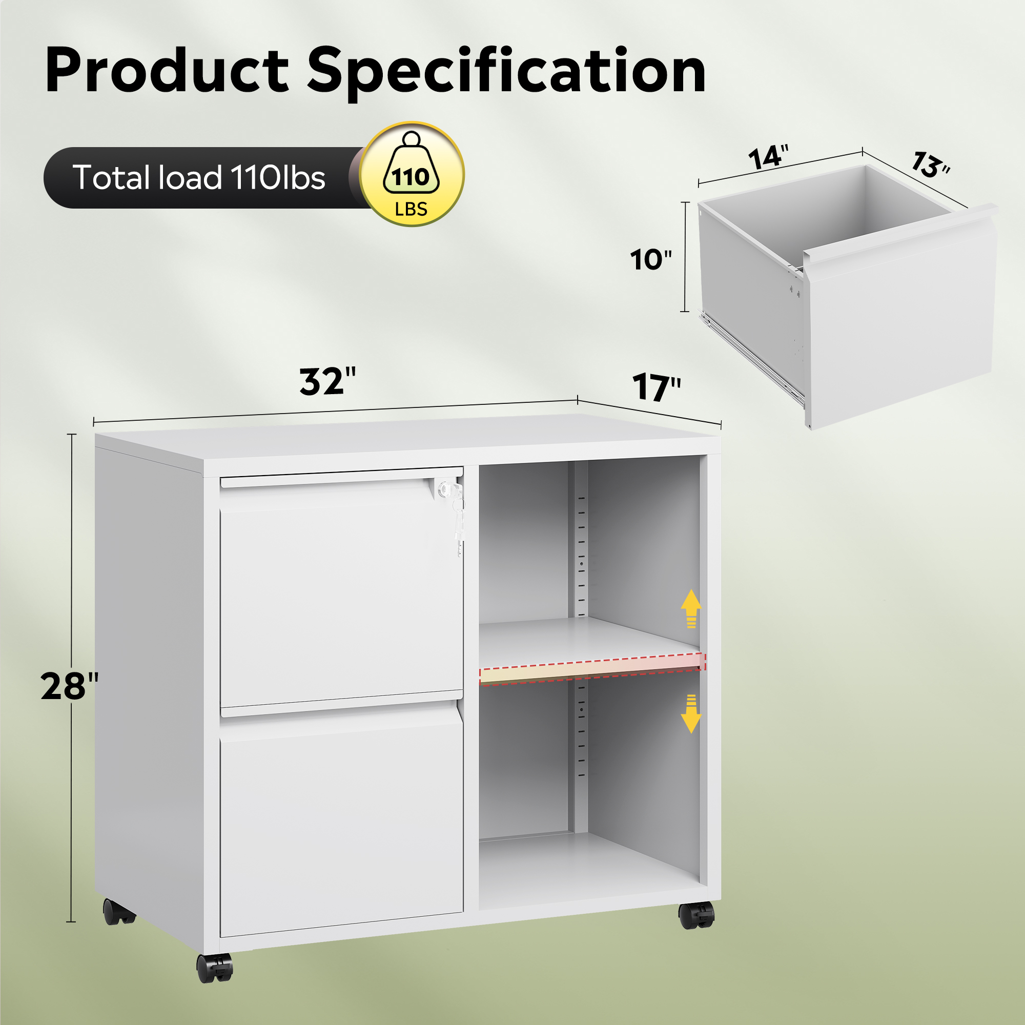 GALAXHERO 2 Drawer File Cabinet with Lock, Metal Filing Cabinet for Home Office, Rolling Printer Stand with Adjustable Shelf, Fit Letter/A4/Legal Size Files, White