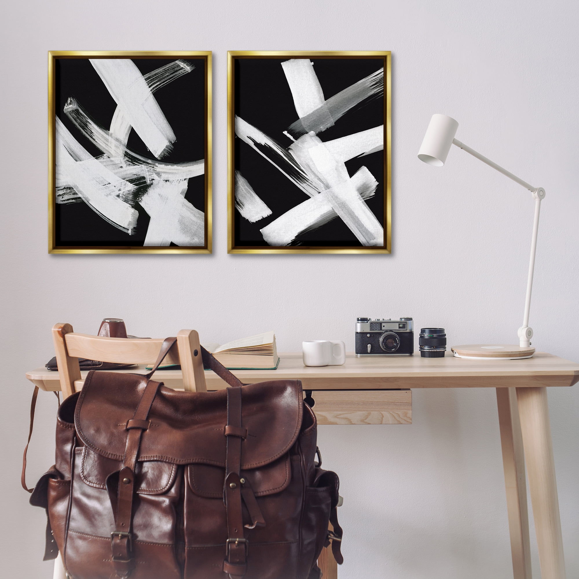 Stupell Industries Abstract Lines White on Black Abstract Painting Gold Floater Framed Canvas Art Print Wall Art, 31 x 25, Set of 2