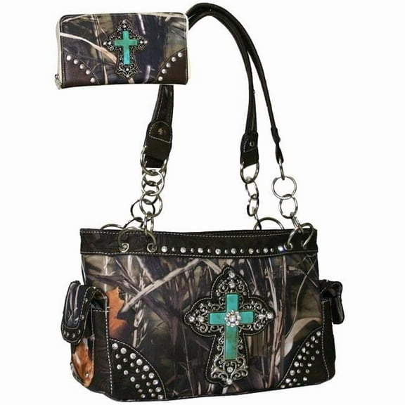 CRL683WC65SET-CAM - BRN Turquoise Cross Camouflage Western Shoulder Bag Wallet Set Brown Trim - Cam & Brown