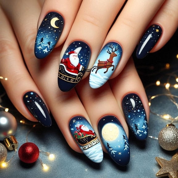 24 Pcs Christmas Almond Fake Nails Medium Press on Nails with Night Santa Claus Rides a Reindeer Sled to Give Gifts Designs Xmas Nails Press Ons Acrylic Dark Blue Stick on Nail shzyhw
