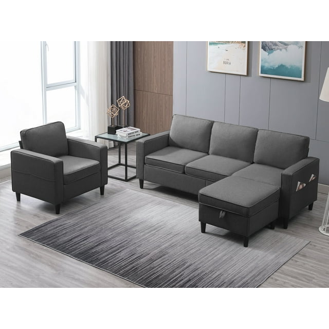 BALUS 2 Pieces Couch Set, L Shaped Sofa with Storage Ottoman, 5-Seats Sectionals, Living Room Set Furniture, Linen, Dark Gray
