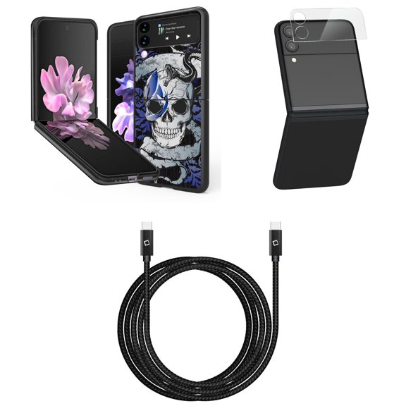 Bemz Premium Bundle for Samsung Galaxy Z Flip 3 5G: Slim Snap-On Protector Case (Blue Snake and Skull), Rear Camera Glass Protector, Nylon Braided USB-C to USB-C Cable (4 Feet)
