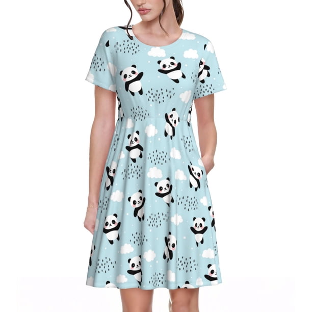Balery Cute Panda Bear Vestidos sueltos de manga corta para mujer, vestidos de verano 2025, vestidos casuales de corte A con vuelo.