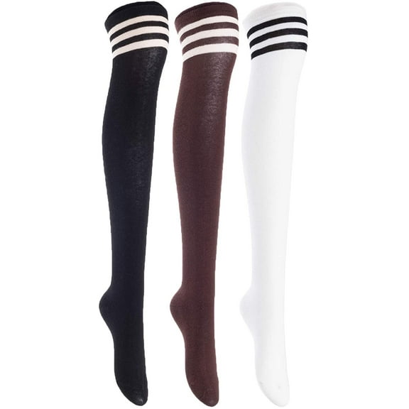 Lian LifeStyle Women's 3 Pairs Adorable Comfortable Soft Thigh High Over Knee High Cotton Socks Size 6-9 L1022Black, Coffee, White