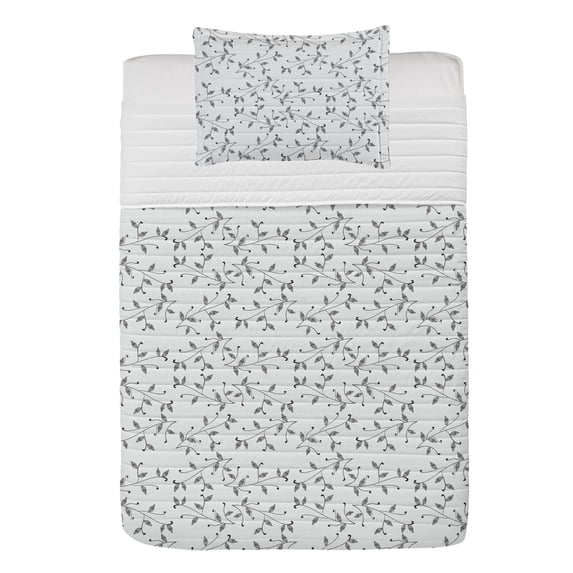 Leaf Microfiber Bedspread Set, Monochrome Minimalist Simple Leaf Pattern with Branch Eco Plants Modern Style, Soft Bedding Set with Pillow Shams & Comforter, 3 Sizes, Grey White, by Ambesonne