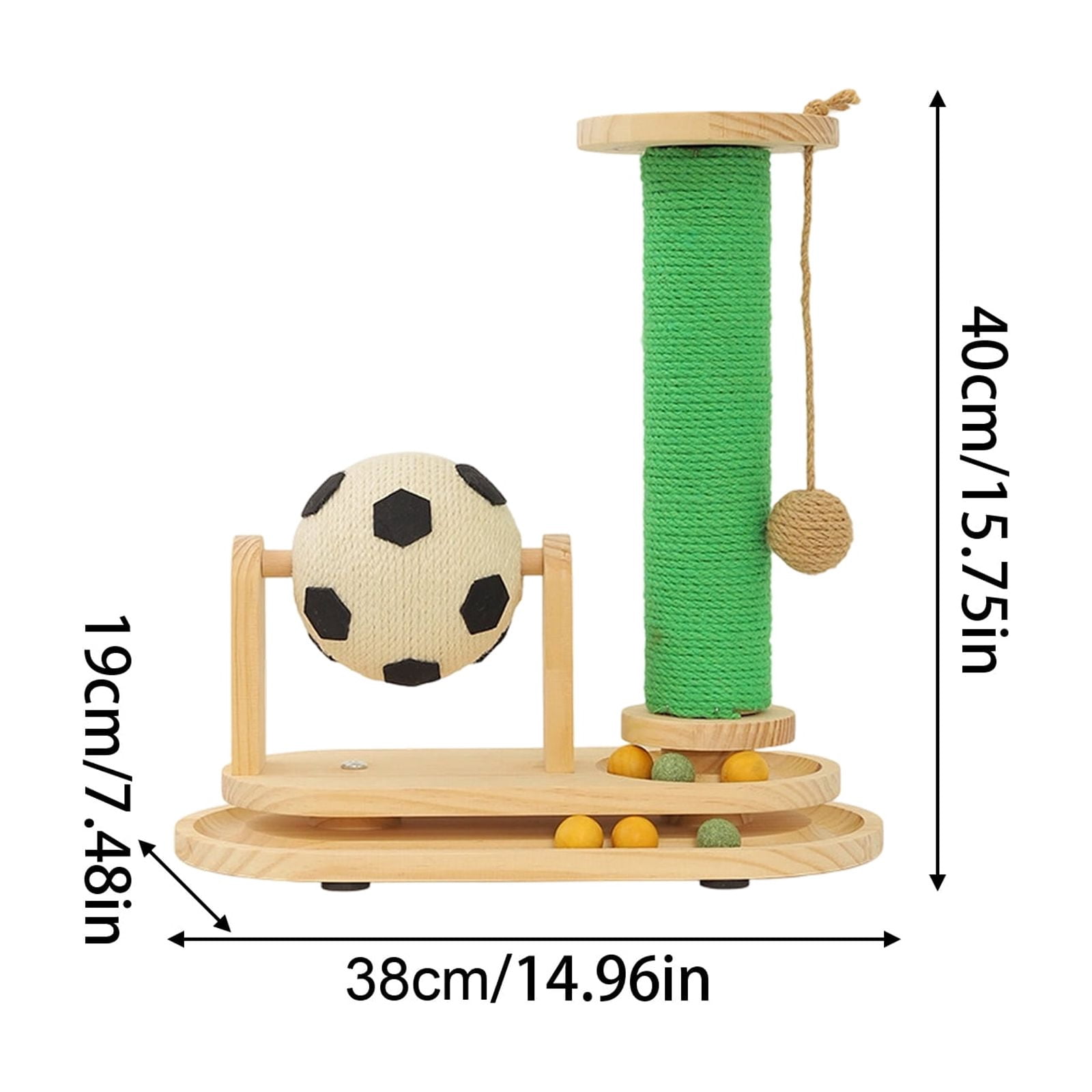 3-in-1 Cat Scratching Post with Interactive Toy Ball, Wooden Cat Toy Track with Sisal Soccer Ball, Indoor Cat Scratcher for Kittens & Adult Cats, Durable Natural Wood Cat Activity Center