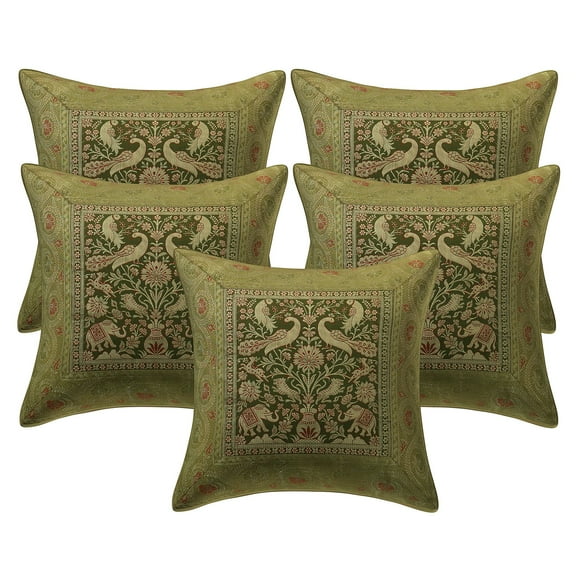 Stylo Culture Ethnic Decorative Throw Pillow Covers 16x16 Jacquard Peacock Parrot Green Square 40x40 cm Home Decor Brocade Elephant Zippered Cushion Covers | Set Of 5