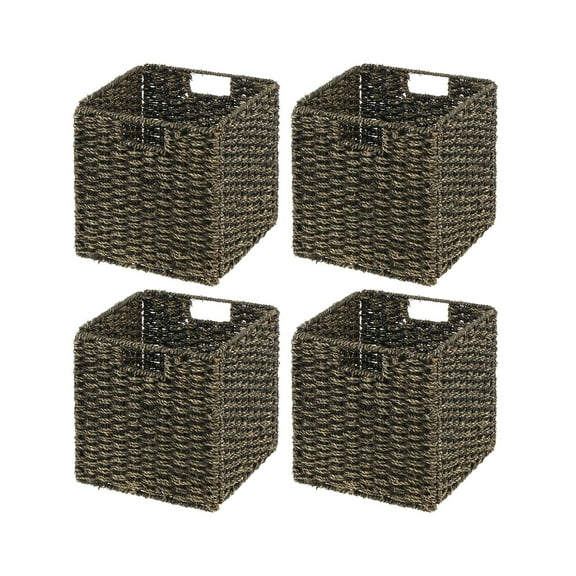 Seagrass Woven Cube Bin Basket Organizer with Handles for Bedroom, Home Office, Bathroom, Shelf and Cubby Organization