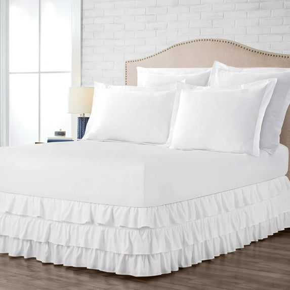 Twin Size Tailored Drop Multi Ruffled Solid Bed Skirt with Adjustable Elastic Belt Microfiber Fabric Fade & Wrinkle Resistant Bed Frame Cover Easy to Fit & Care (19 Inch Drop, White)