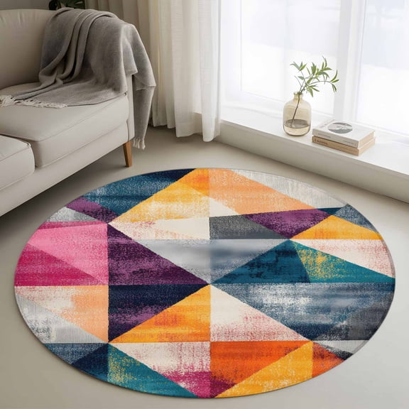 Colorful Rhombus Round Rug 4ft Washable Circle Entryway Rugs Non Slip Geometric Color Block Abstract Area Rug Indoor Floor Carpet for Bedroom Kitchen Living Room Home Office Dining Room Nursery