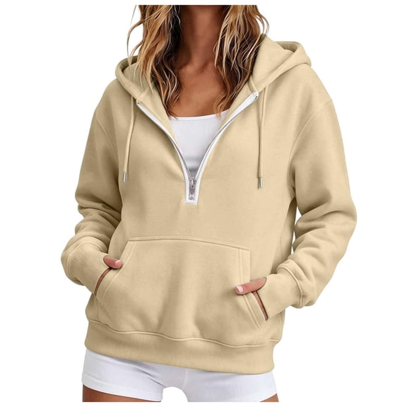 CFXNMZGR Women Hoodies Pullover Women's 2026 Spring Zip Up Y2K Hoodies Casual Long Sleeve Sweatshirts Fall Winter Track Jackets with Pockets (Beige,L)