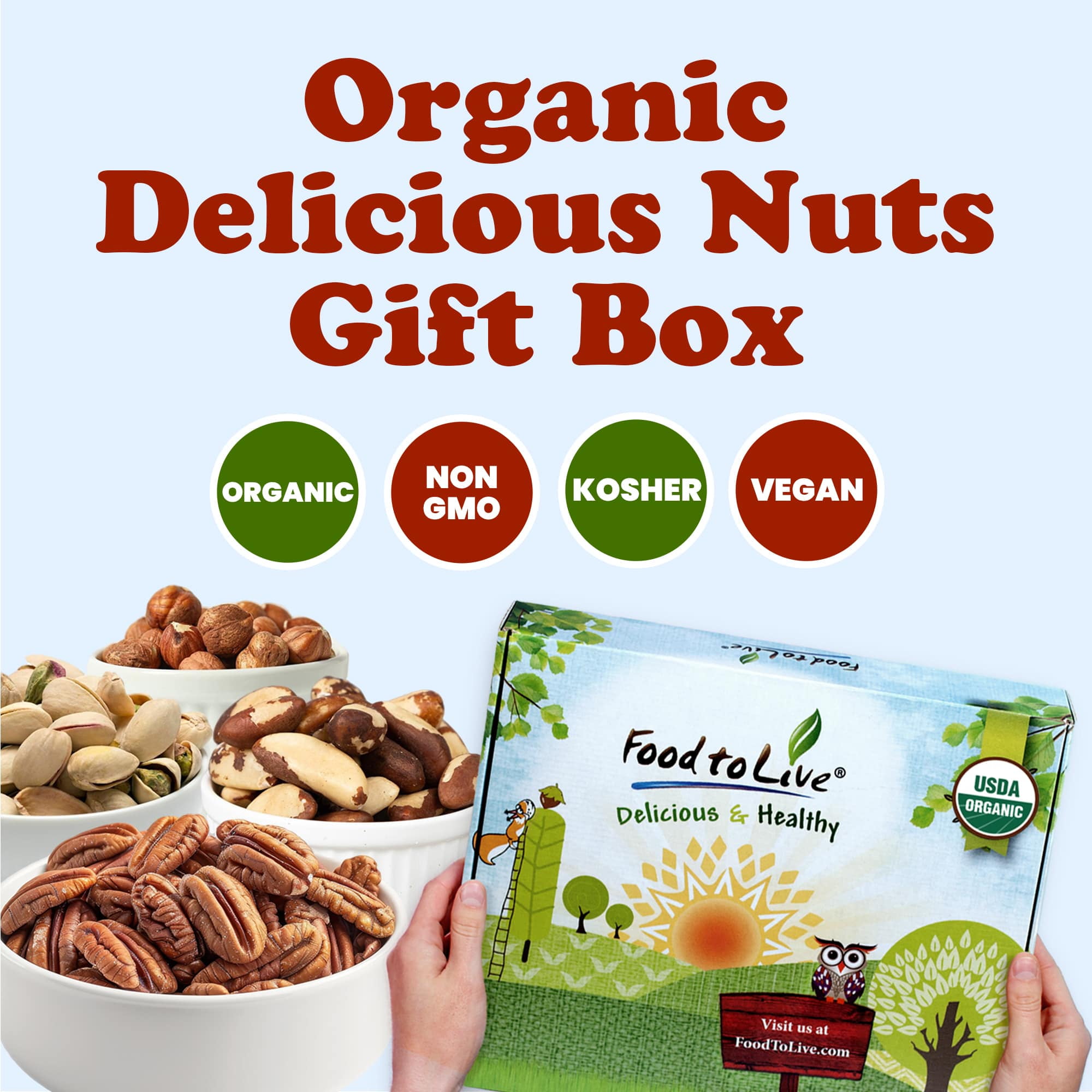Organic Delicious Nuts - Gift Box by Food to Live (Non-GMO, Kosher) – 1 Gift box (1 Gift box)