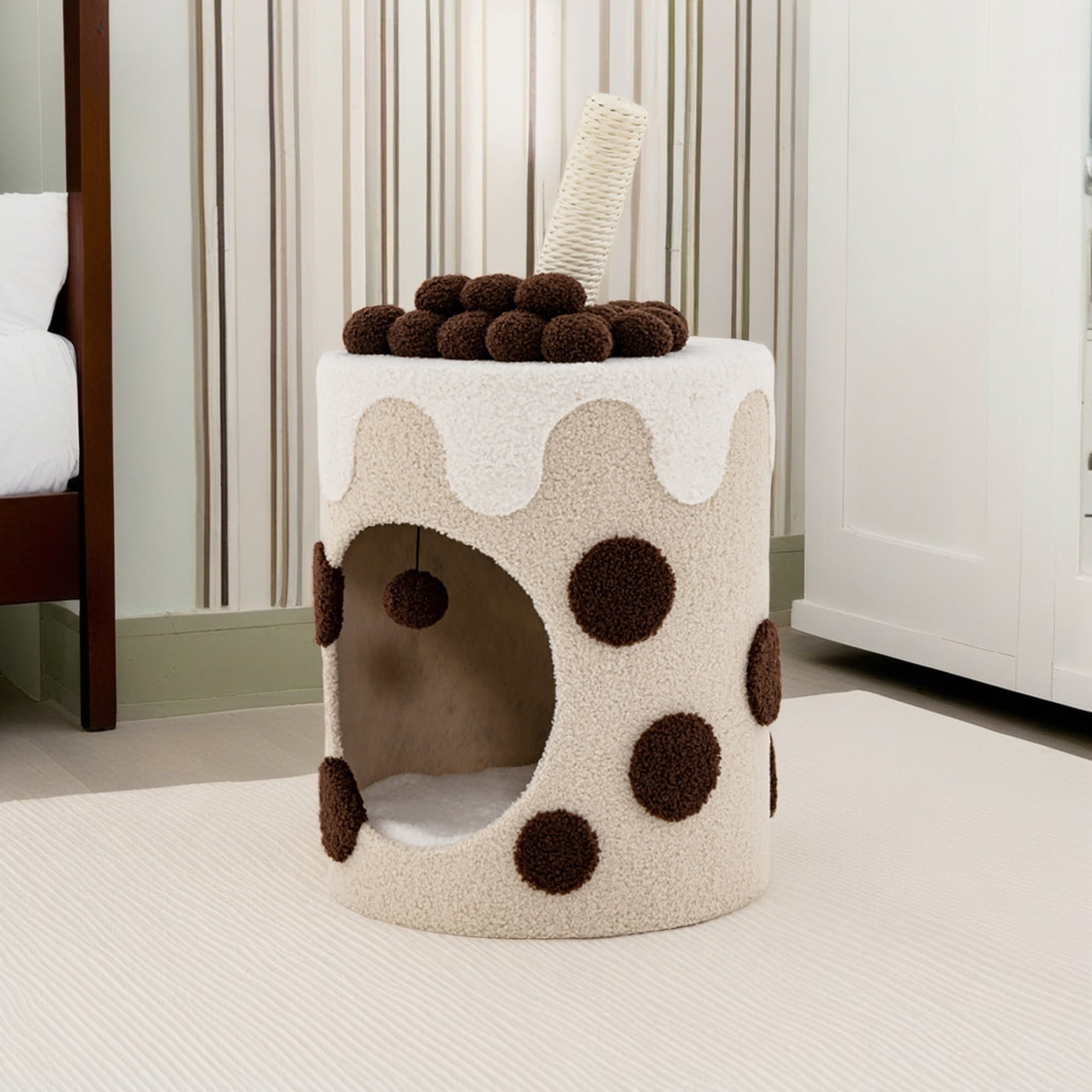 Kadyn 27" Cat House for Indoor Cats with Scratching Post, Cat Cave Bed, Cat Condo Modern Cat Nest Cute Cat Shelter, Coffee and Beige