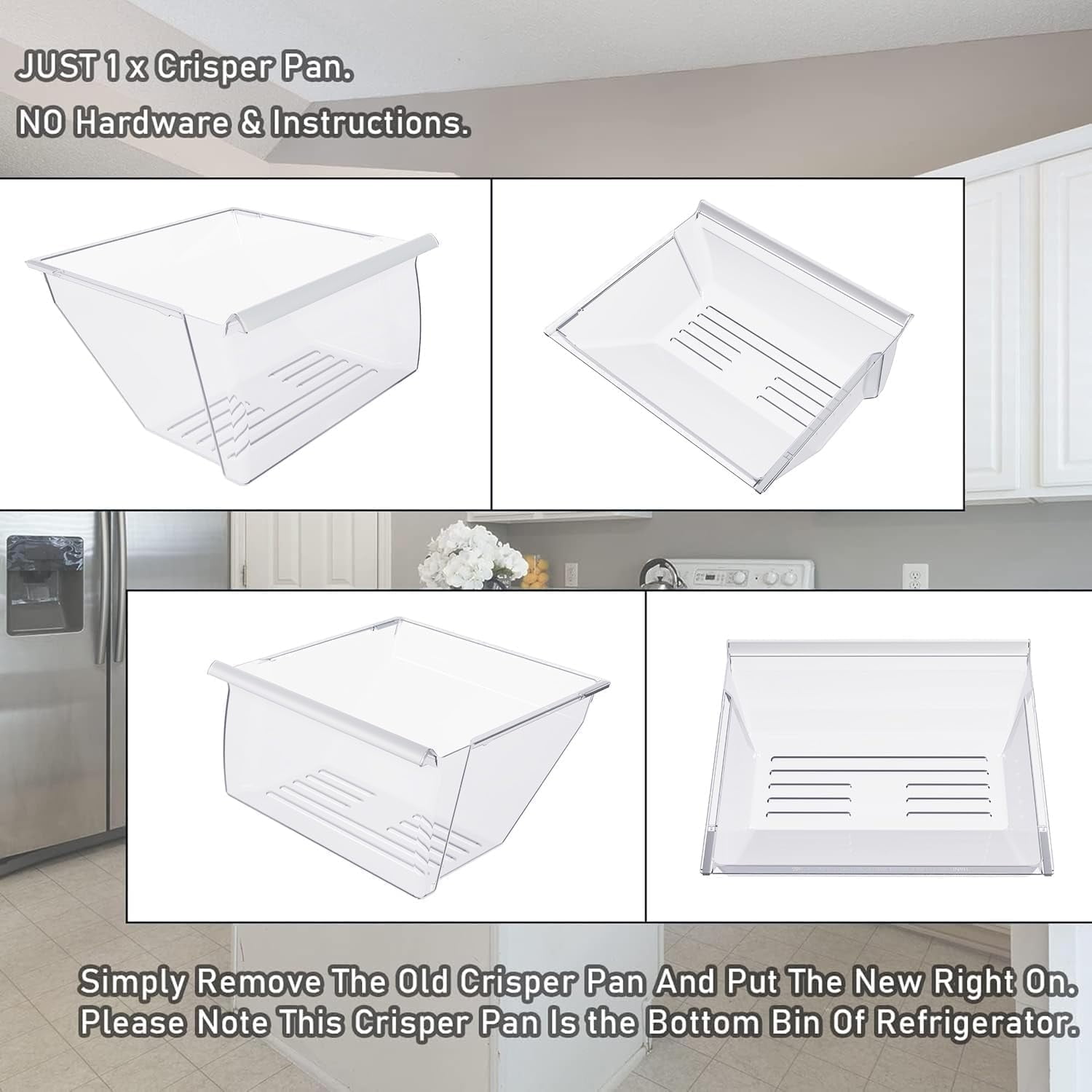 2188664 Crisper Pan Drawer (Lower) Replacement for Whirlpool, Kenmore, Maytag, KitchenAid Refrigerator with White Handle – Compatible with WP2188664