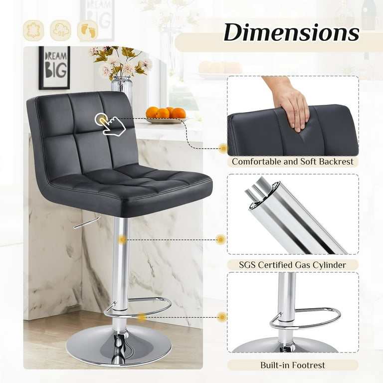 Set Of 4 Adjustable Swivel Bar Stools - PU Leather, Hydraulic Height, With Backrest & Footrest, For Kitchen Island Or Counter