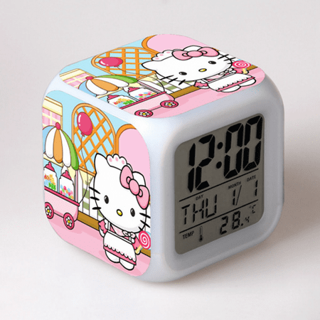 Hfnggwee Digital Alarm Clock for Kids, Hello Kitty Pattern 7 LED Color Changing Wake Up Clock with Thermometer Function and Night Light, Gift for Boys Girls A93-053 NZ113-1319
