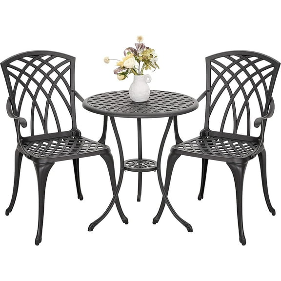 NUU GARDEN Bistro Set 3 Piece Outdoor All Weather Cast Aluminum Patio Bistro Set Patio Table and Chairs Set of 2 with Umbrella Hole for Backyard, Balcony, Front Porch, Lawn, Black