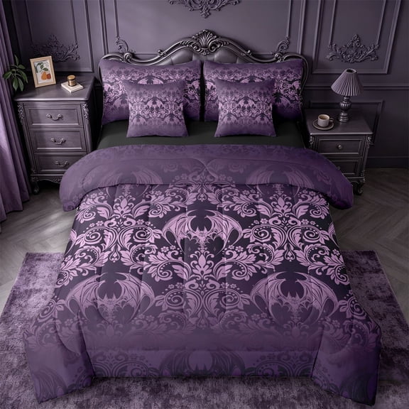 meiyoeat Vintage Damask Print 7pcs Queen Bedding For Adults,Gothic Bat Bedding Comforter Set Queen For Men Women, Purple Black,Black Reversible