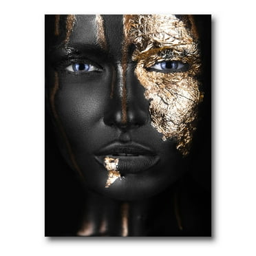 Designart ' Portrait of A African American Girl with Gold Makeup ' Modern Canvas Wall Art Print
