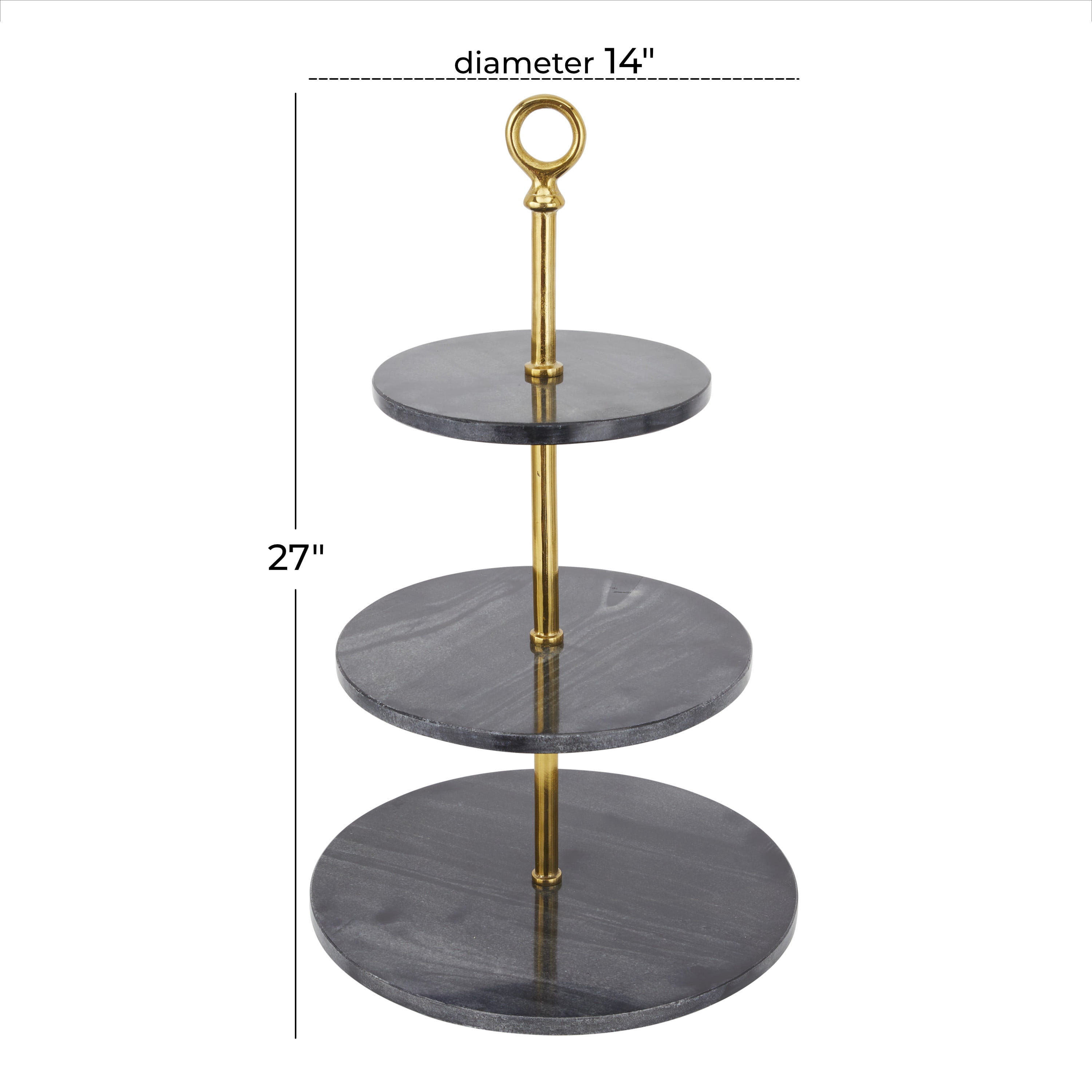 DecMode 14" x 27" Gray Marble 3 Tiered Server with Gold Post, 1-Piece