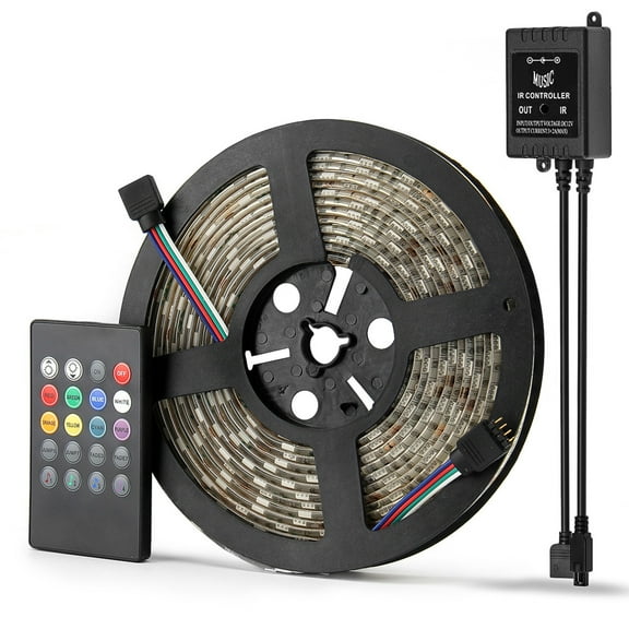 SUPERNIGHT 16.4ft RGB 5M 300LEDs SMD 3528 LED Strip Light IP65 Waterproof   20Keys Music IR Remote Controller  12V Power Supply