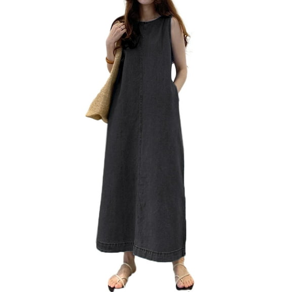VONDA Womens Cowboy Dresses Fashion Summer Loose Long Maxi Pleated Dress
