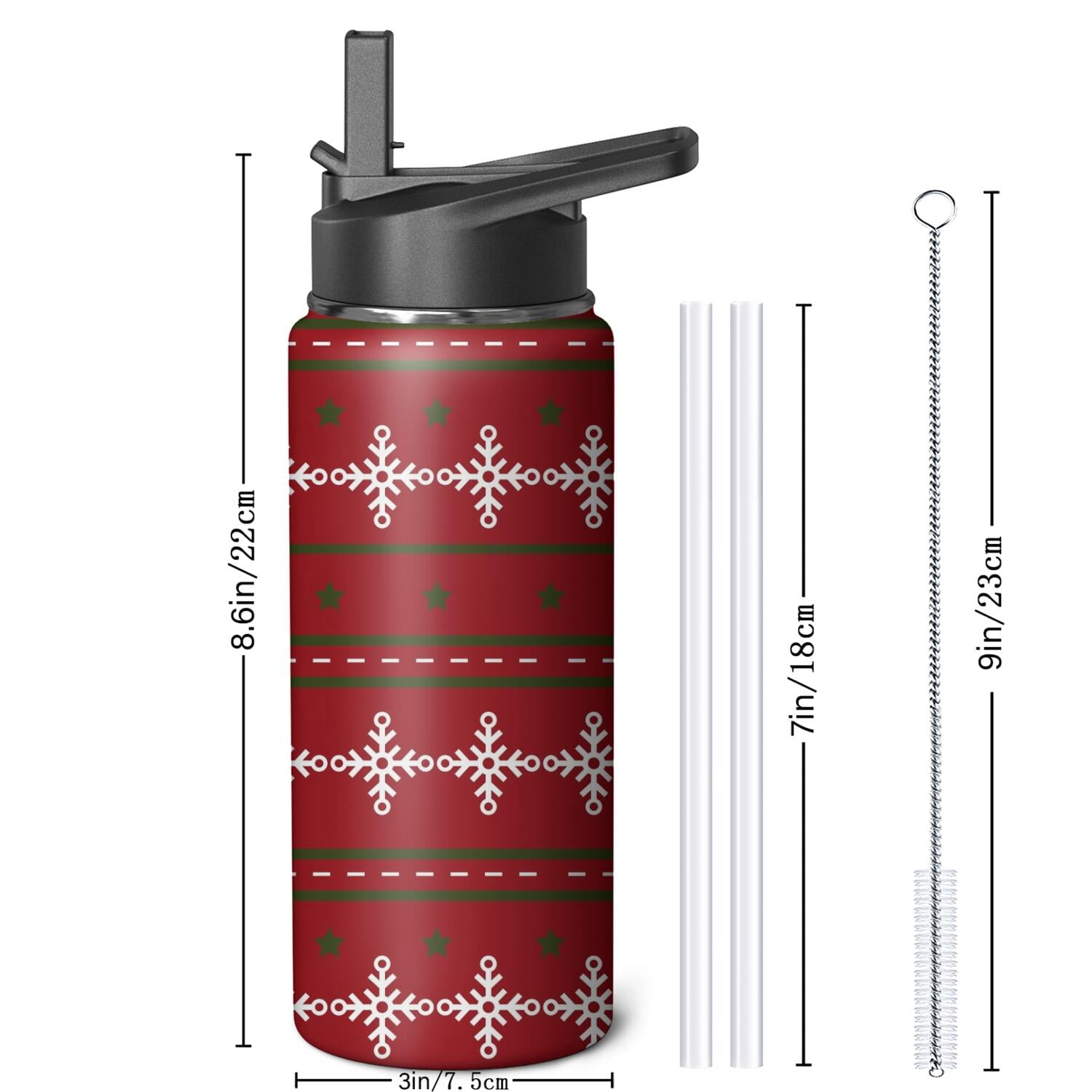 Christmas 18 oz Insulated Stainless Steel Water Bottle with Straw & Cleaning Brush , Leakproof, BPA-Free, 304 Stainless Steel, Wide Mouth, Travel Mug for Car, Gym, Office