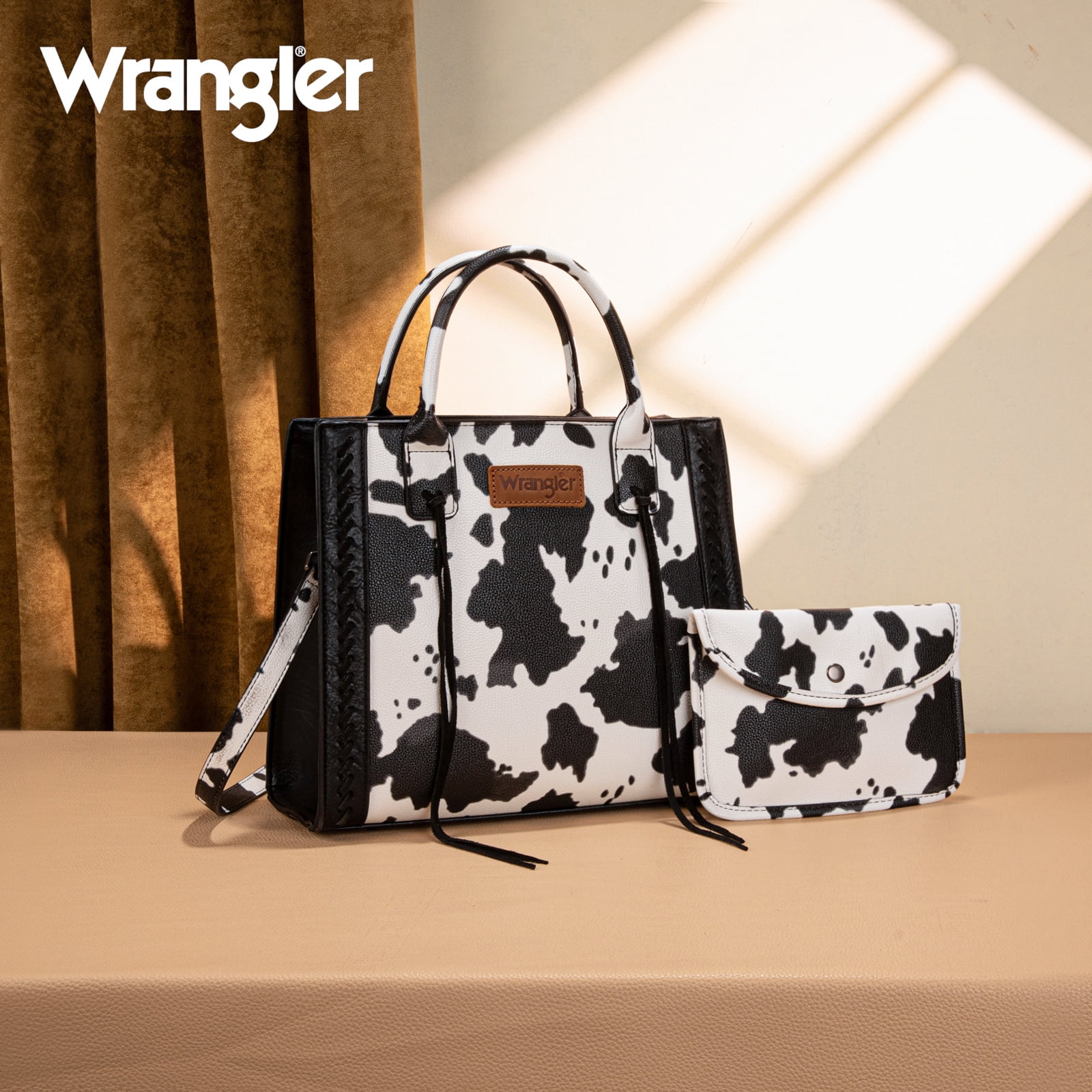 Wrangler Tote Bag for Women Western Cowhide Purse and Wallet Set, COW-Black